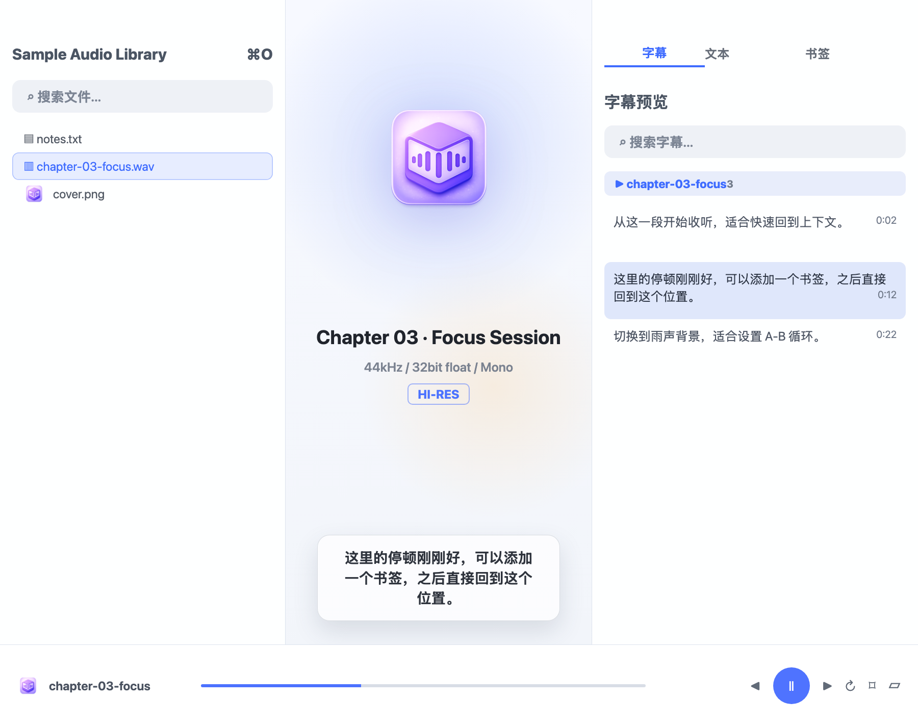 Doujin Audio Player macOS 界面预览，展示播放列表、封面、当前字幕、字幕预览和底部控制栏